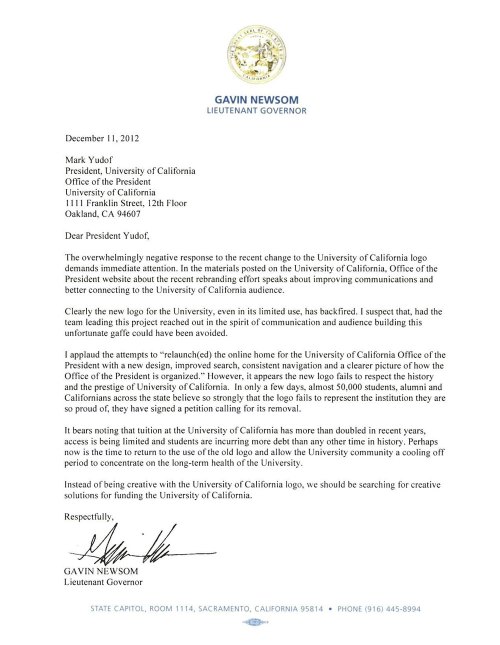 Here is Newsom's letter regarding the UC logo. (Click to enlarge.)