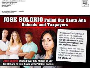 Recent campaign mail sent by the Associated Builders and Contractors highlighting Jose Solorio's forced union agreement (PLA) at Santa Ana College in the RSCCD.