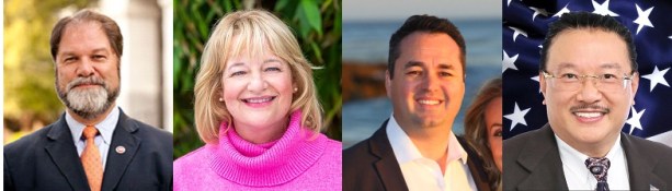 Former Senator John M. W. Moorlach (R), Costa Mesa Mayor Katrina Foley (D), Newport Beach Councilman Kevin Muldoon (R), and Fountain Valley Mayor Michael Vo (R). Photos came from candidates' supervisorial campaign web sites. Attorney Janet Rappaport (D) also qualified for the ballot but did not appear to have a campaign web site.